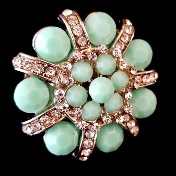 Vintage Aqua Bead and Clear Rhinestone Stretch Ring OS - Picture 7 of 10